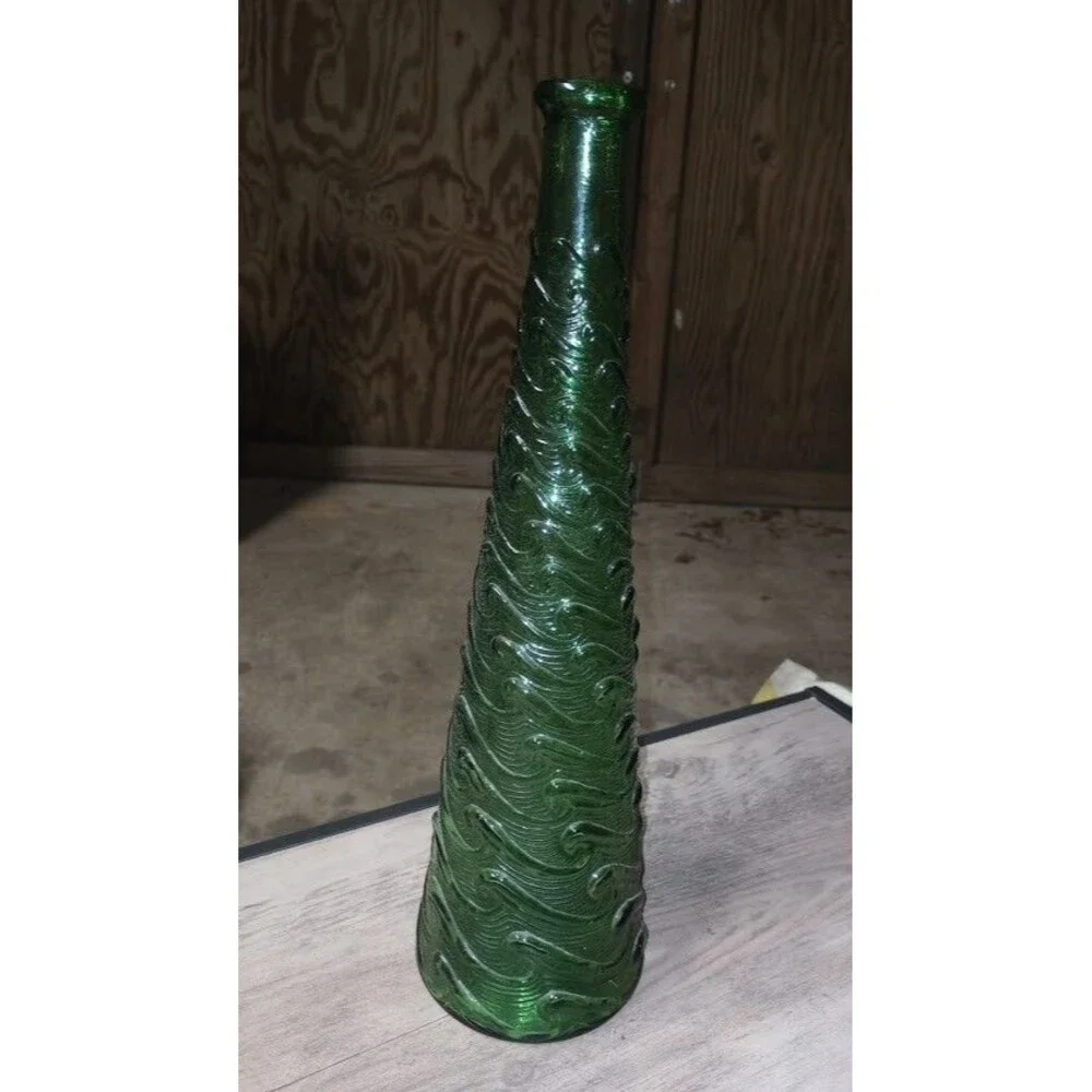 VINTAGE Empoli Glass Genie Bottle GREEN Wave Vase Italy 15.5” MCM